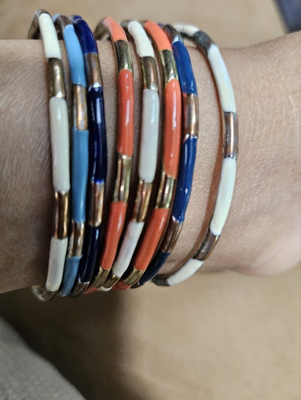 Beaded Multi-Row Stackable Bracelet in Coral, Navy & White